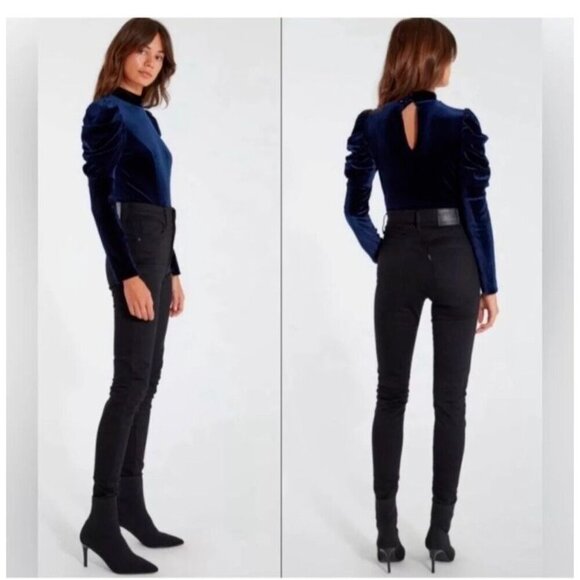 NWT Misa Los Angeles Velvet Midnight Blue Velvet Puff Sleeve Bodysuit Size XS - Picture 2 of 12